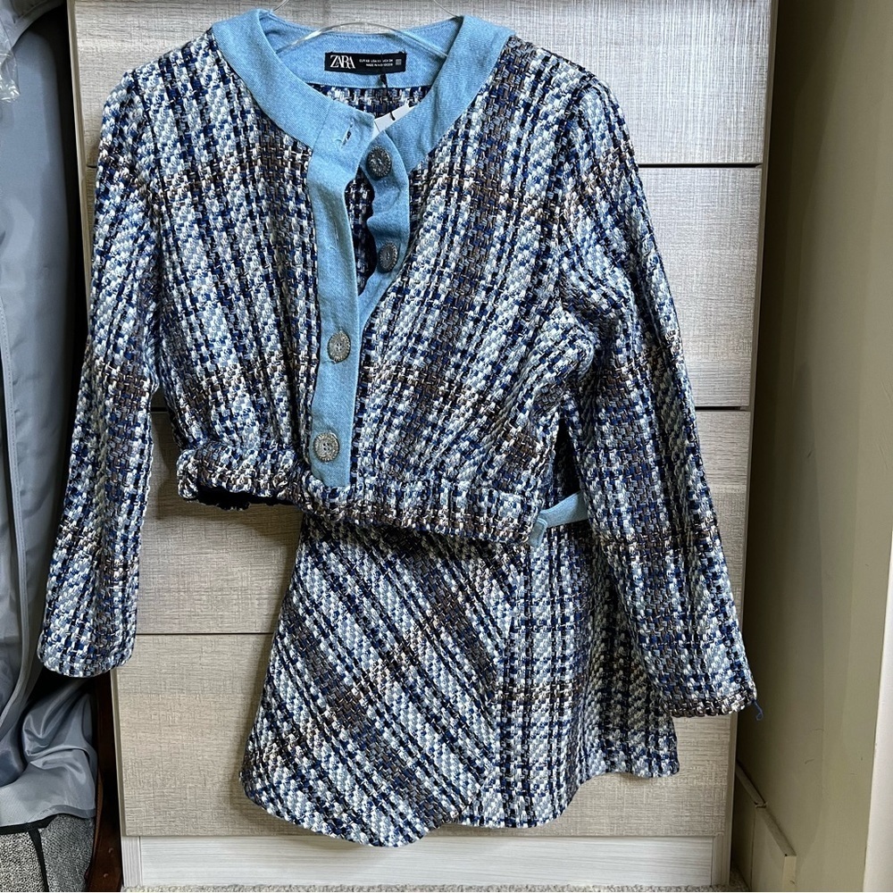 Zara blue tweed jacket and skirt set size XS